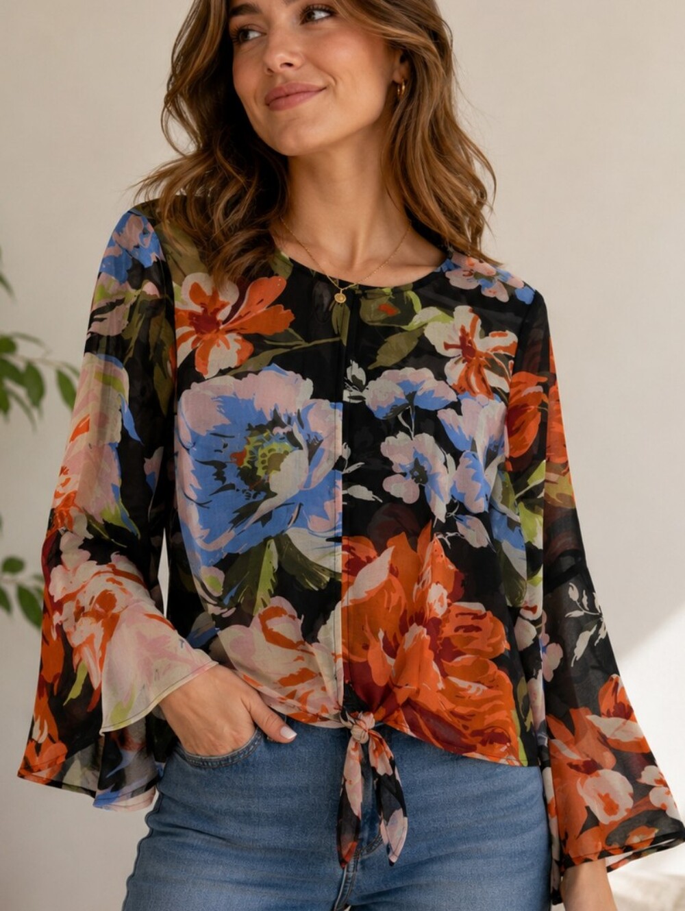 NWT Tribal Jeans floral print sheer blouse featuring a front-tie, Bell Sleeves